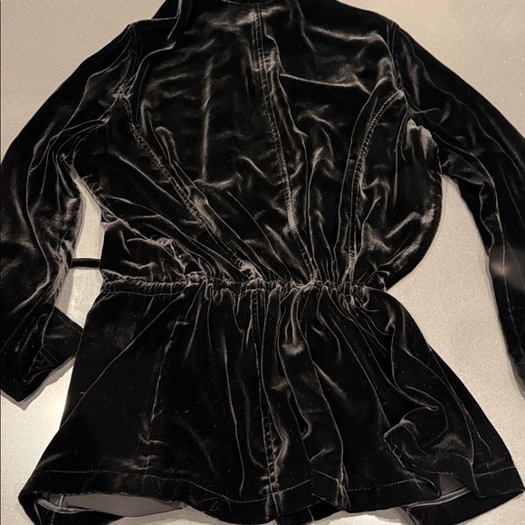 Black Velvet Button-Front Jacket • Silk Blend • Drawstring Waist • XL - Picture 4 of 8